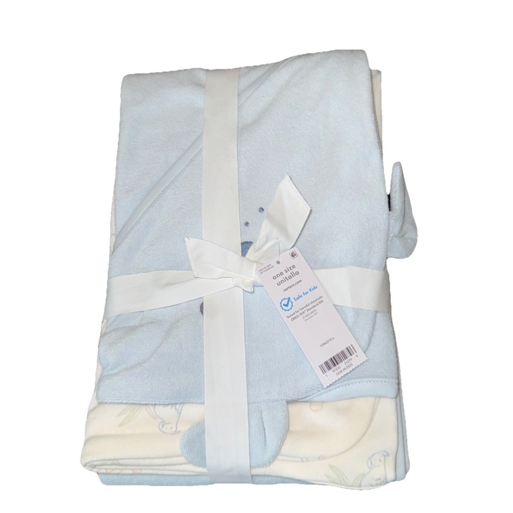 New Carter's Blue Baby 2-Pack Hooded Towels Dog Themed, 1-Blue 1-White Dog Print